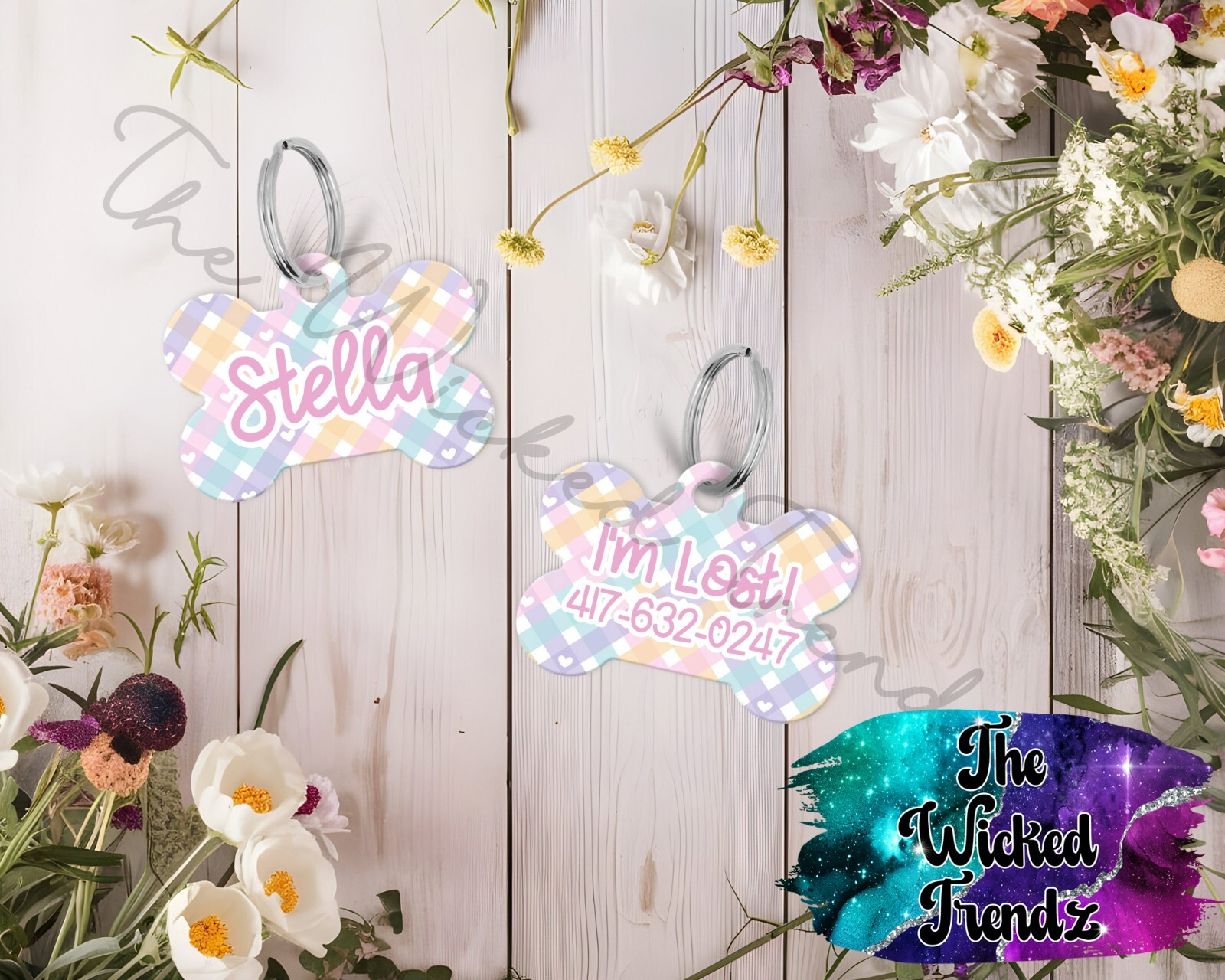 Pastel Pink Gingham Pattern Girl Custom Personalized Pet Name ID Dog Tag Number