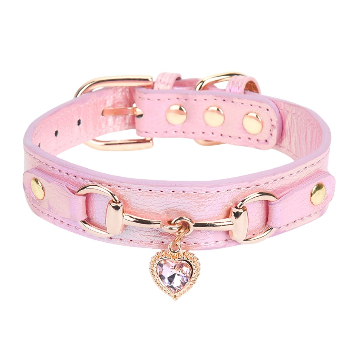 THAIN Fashion Dog Collar with Bling Diamonds & Heart Charm – 5 Holes Adjus