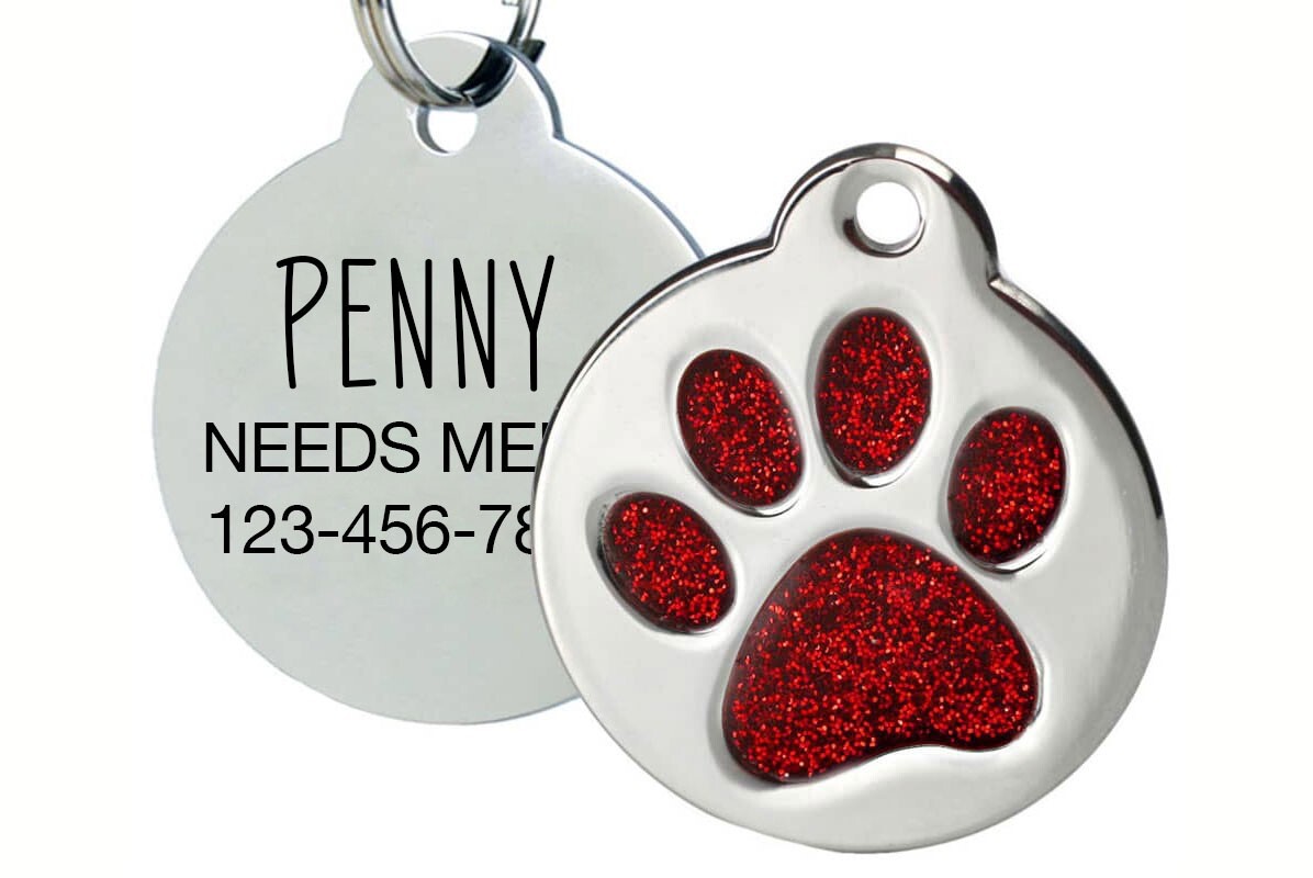 Personalized Glitter Paw Dog Tag, Cat ID | Engraved Pet Tag USA
