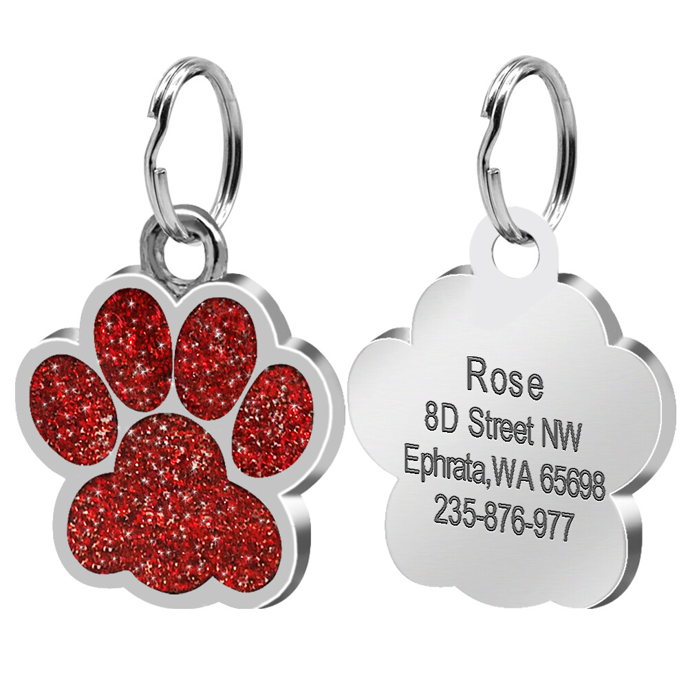 Dog Cat Pet Tag ID Collar Tags Personalized Engraved 24mm Glitter Paw Print Tag