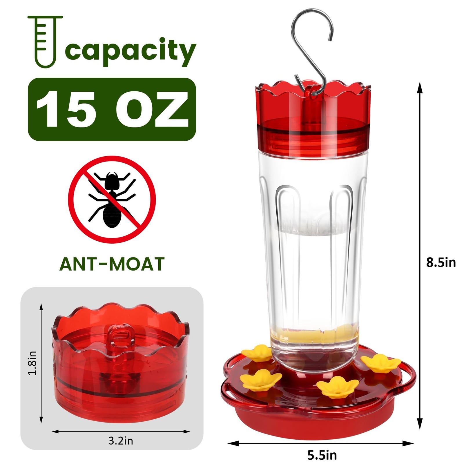 Glass Hummingbird Feeders for Outdoors Hanging Ant and Bee Proof, 1 Pack 15 O…