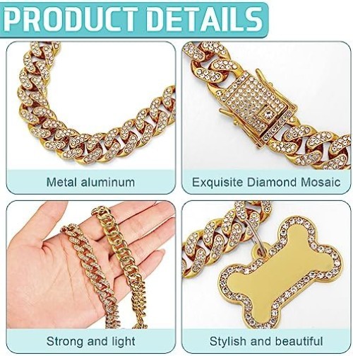 Golden Dog Chain Diamond Collar Necklace with Pet ID Jewelry Tags Rhinestones…