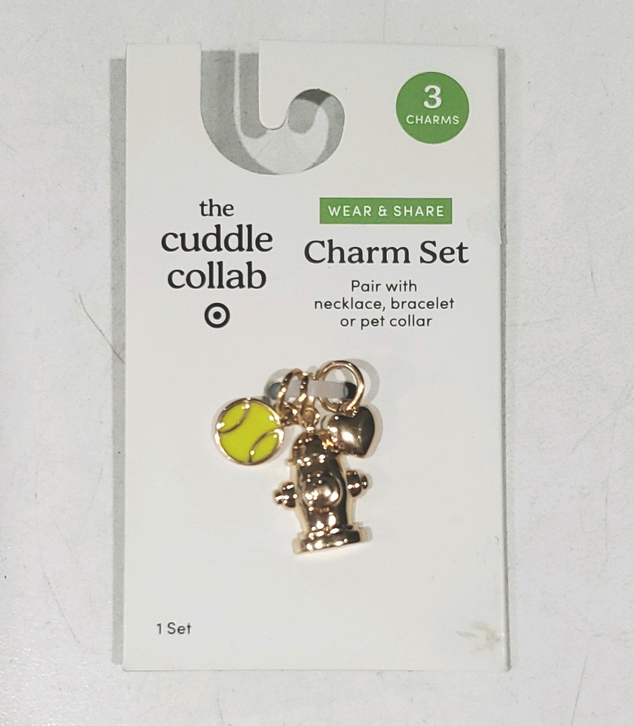 the cuddle collab Dog Pet Gold Collar Charm Set of 3 Ball Fire Hydrant Heart New