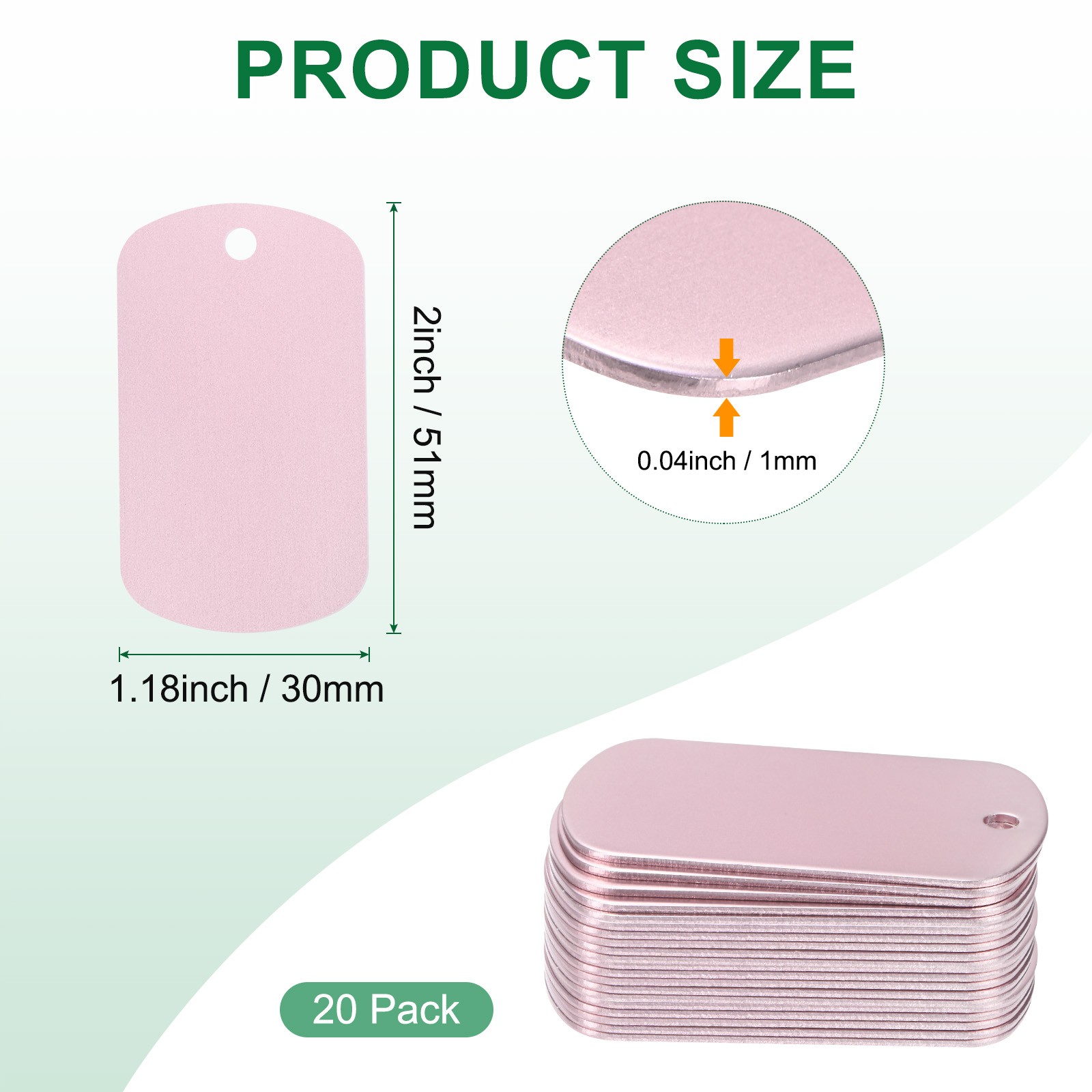 20-Pack 2″ x 1.18″ x 0.04″( L x W x T ) Blank Dog Tags [Pink, 1 Hole]