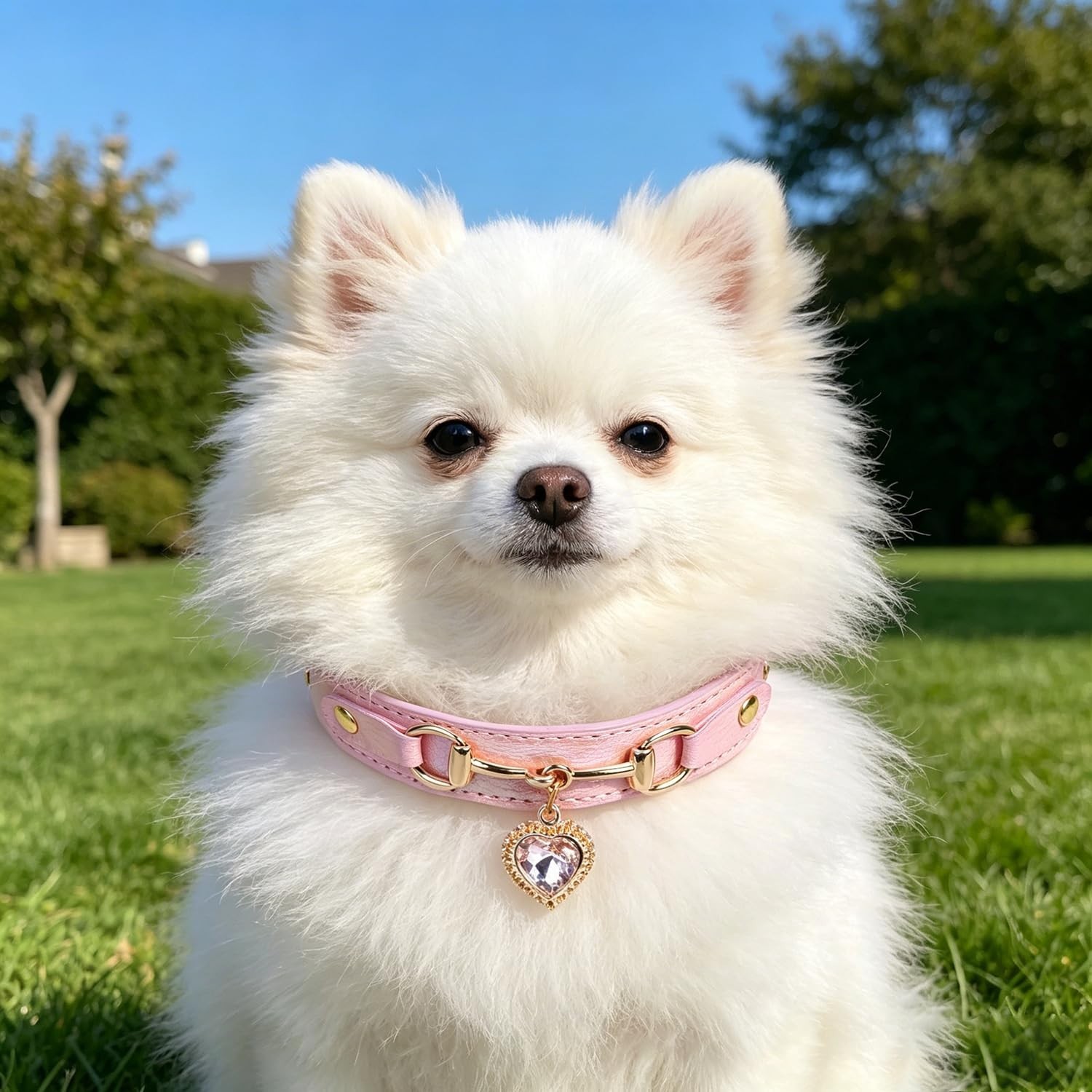 THAIN Fashion Dog Collar with Bling Diamonds & Heart Charm – 5 Holes Adjus