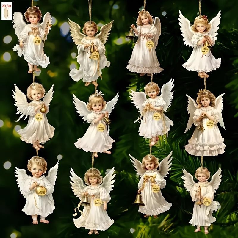 12pcs Vintage Christmas Angel Wooden Pendants, Artificial Wood Hanging Ornaments