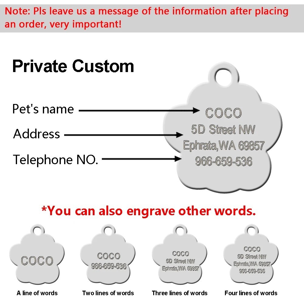 Personalized Pet ID Tag, Dog Tag, Cat Tag, Custom Cat Tag, Easy to Read, Pet Tag