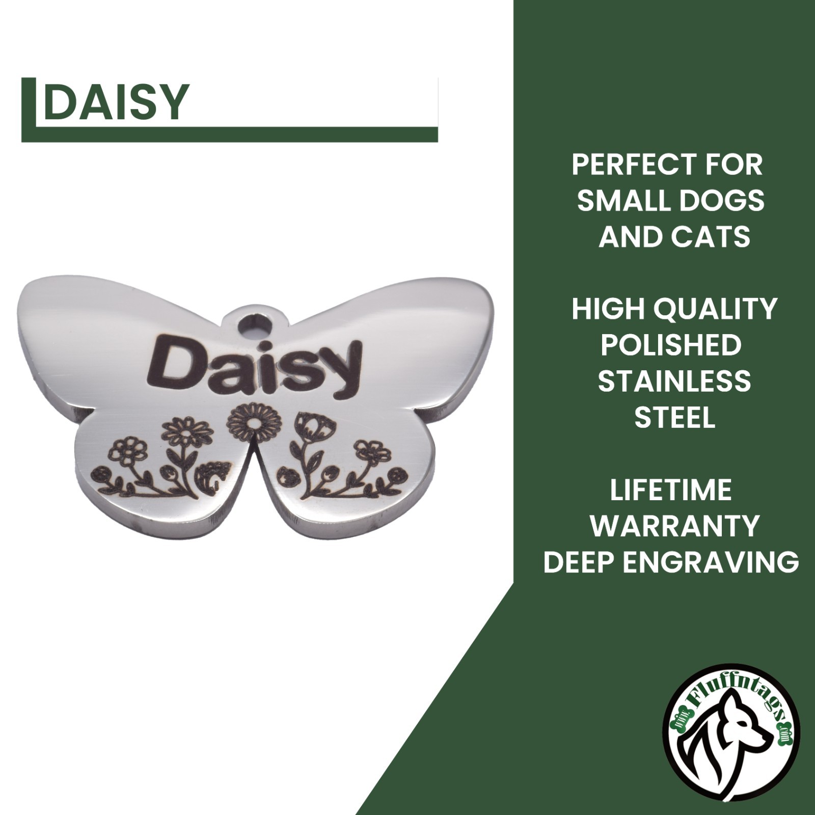 Custom Deep Engraved Butterfly Pet ID Stainless Steel for Small Dog & Cat ID Tag