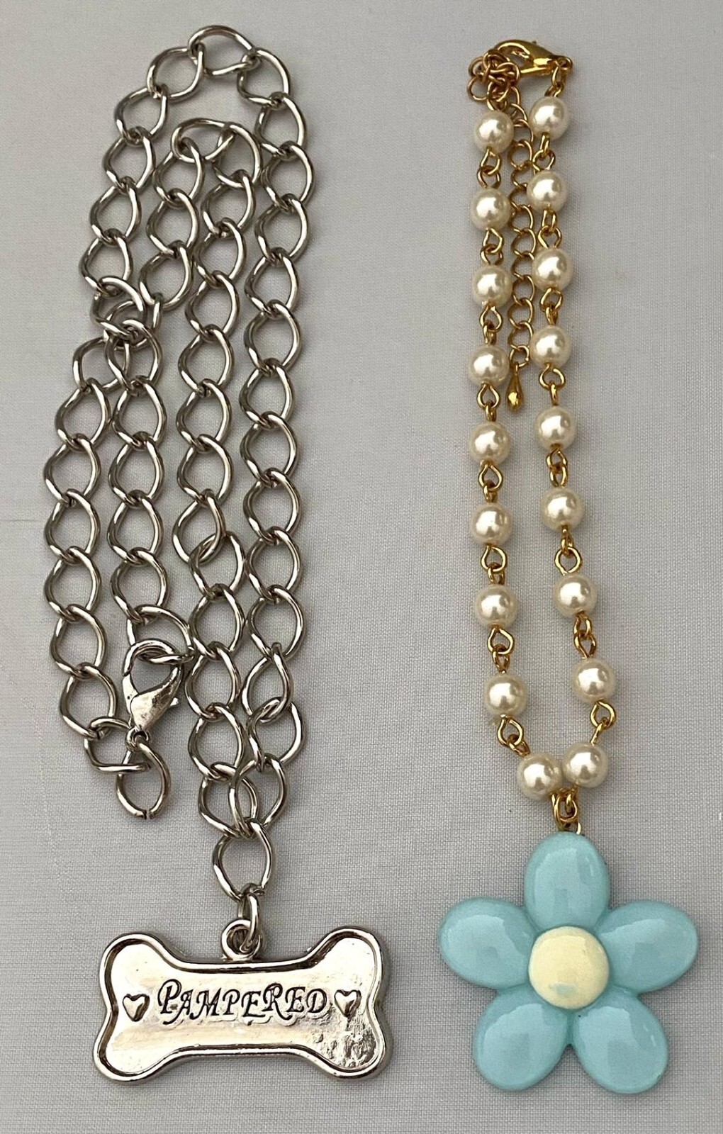 2 PCS PET FLOWER CHAIN NECKLACE & SILVERTONE PAMPERED PET BONE CHAIN NECKLACE