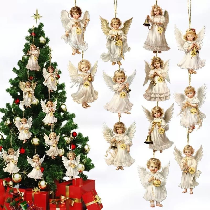 12pcs Vintage Christmas Angel Wooden Pendants, Artificial Wood Hanging Ornaments