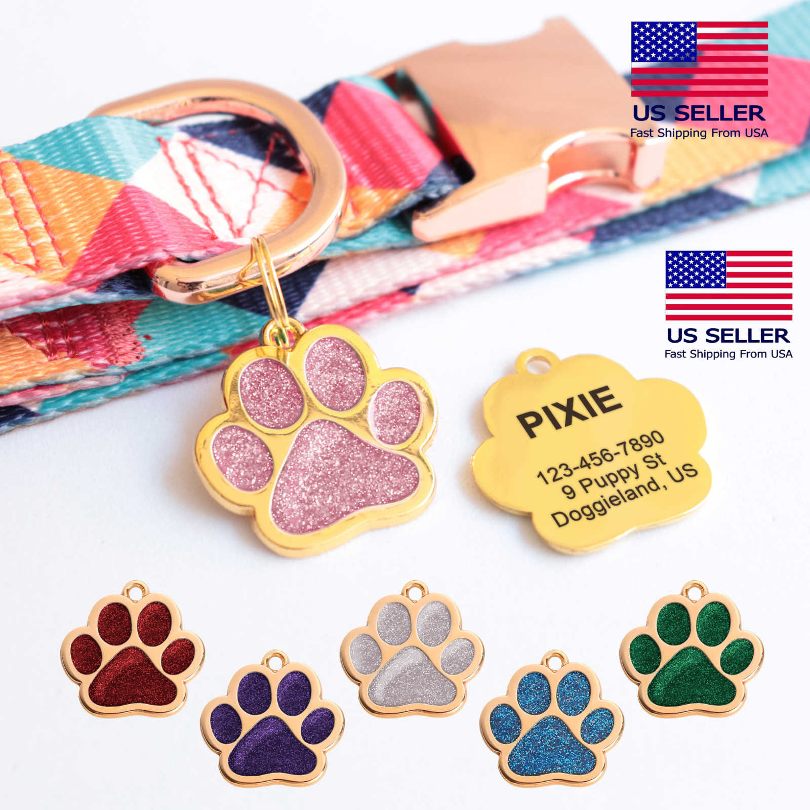 Custom Sparkly Gold Paw ID Tag Personalized Dog Engraved Puppy Cute Name Shiny