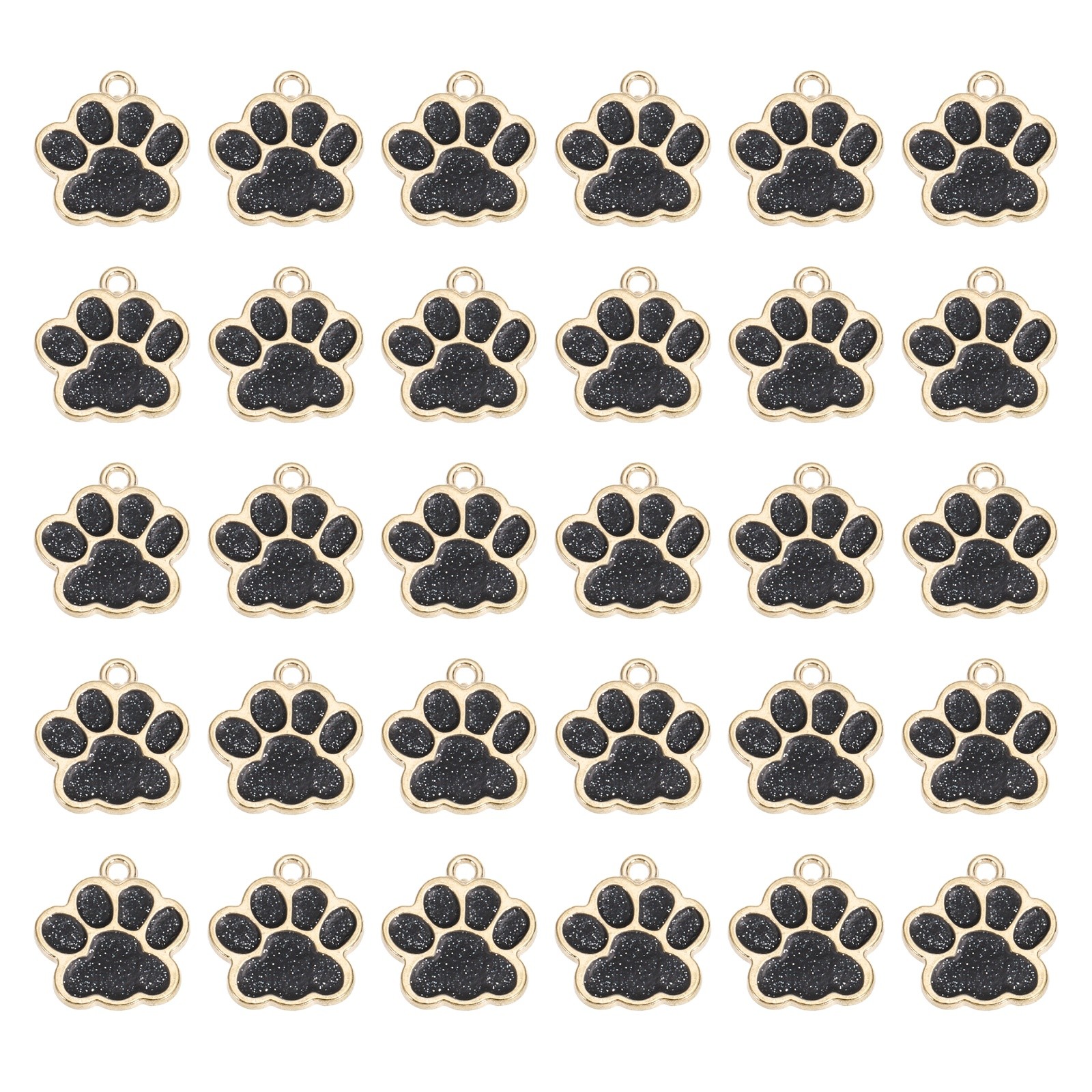 Enamel Paw Print Charms with Glitter Powder, 50Pcs(Gold Tone/Black)