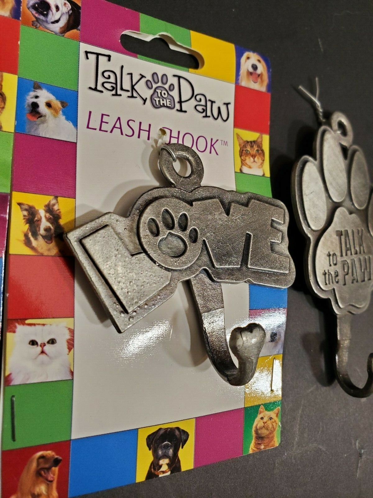 Lot of 4 – Talk to the Paw Dog Leash Hooks – Pewter – “Talk to the Paw” & “Love”