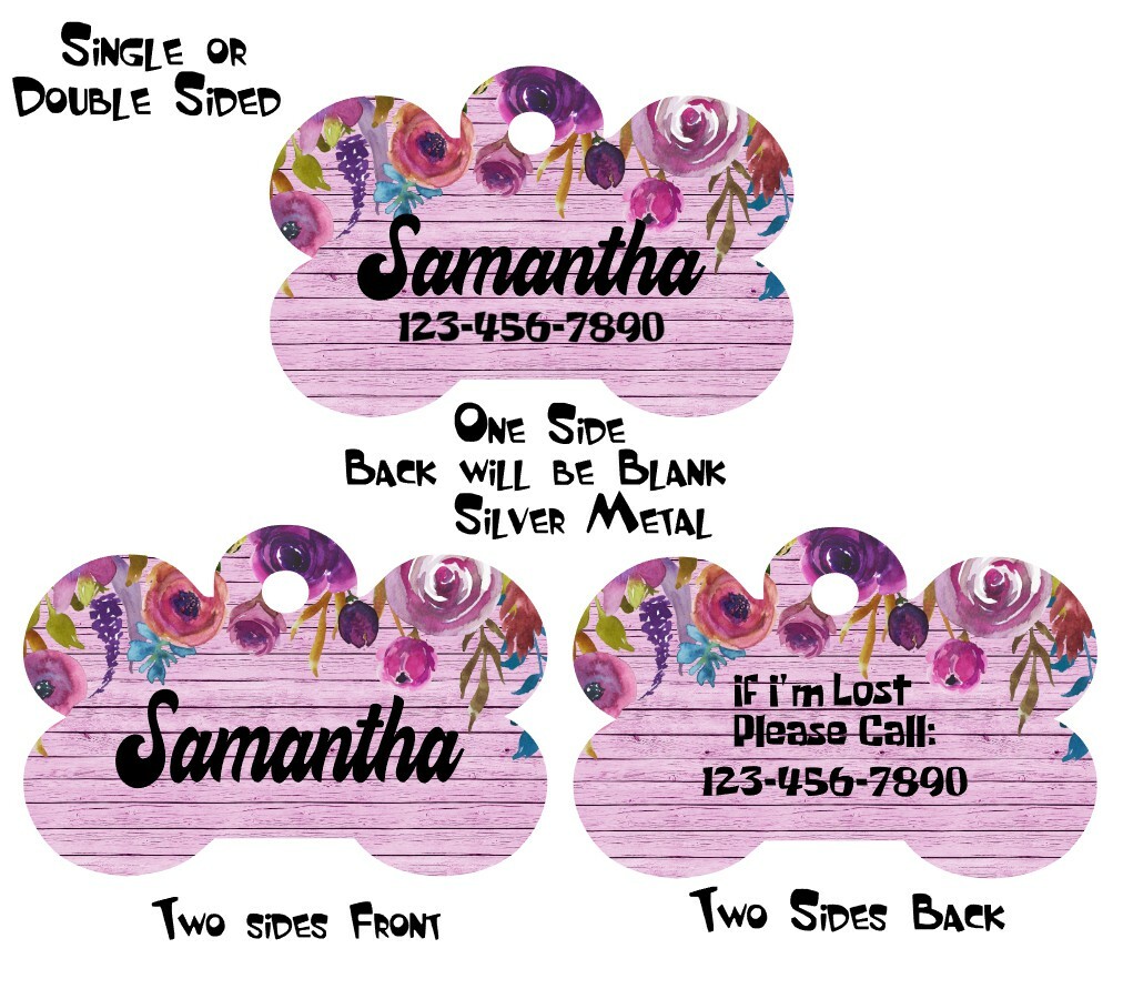 Pet ID Tag Floral Personalized Custom Double Sided Pet Tag w/name & number