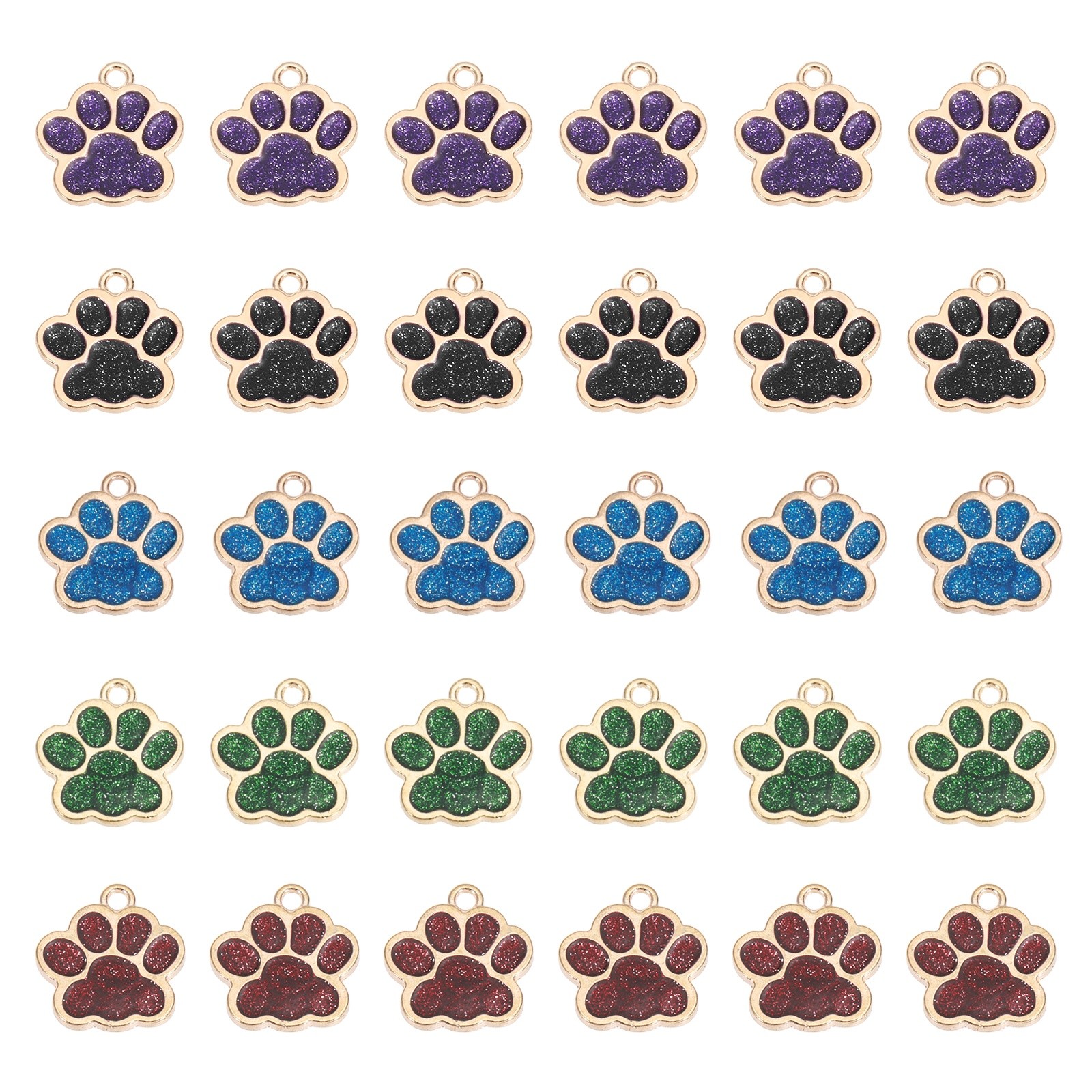 Glitter Enamel Paw Print Charms, 50Pcs(Gold Tone/Black/Purple/Blue/Green/Red)