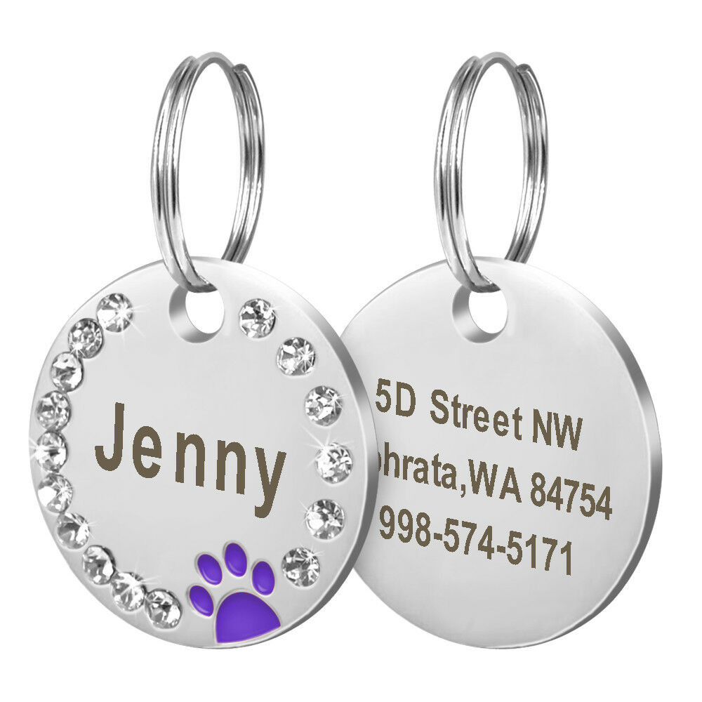 Paw Print Rhinestones Custom Laser Engraved Dog Cat Tag Personalized/Free Ring