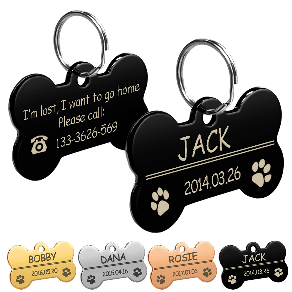 Stainless Steel Personalized Dog Tag Bone Shape Pet Dog ID Name Phone Engraved