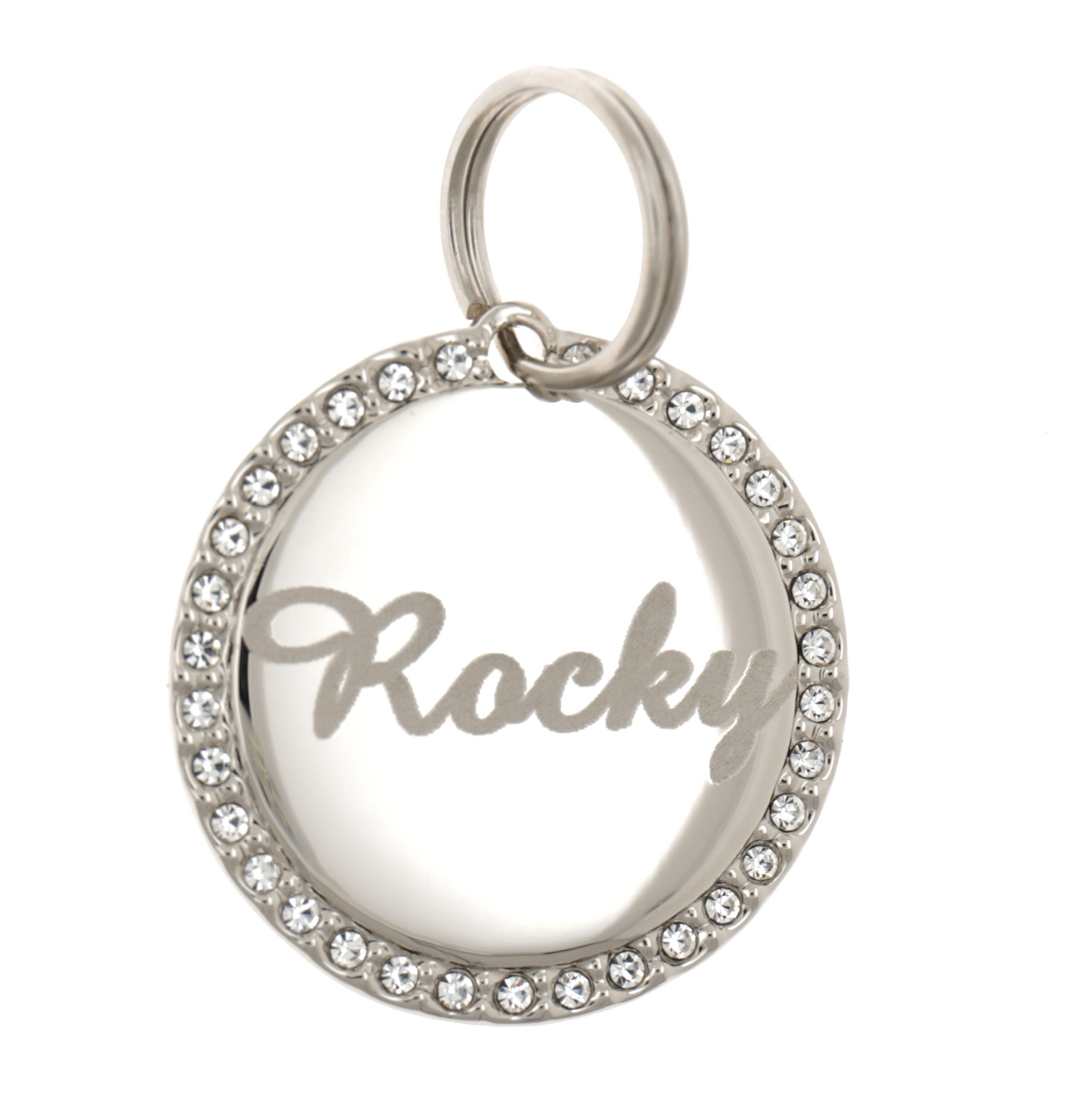 Custom Engraved Personalized Round Stainless Steel Rhinestones Pet Dog ID Tag