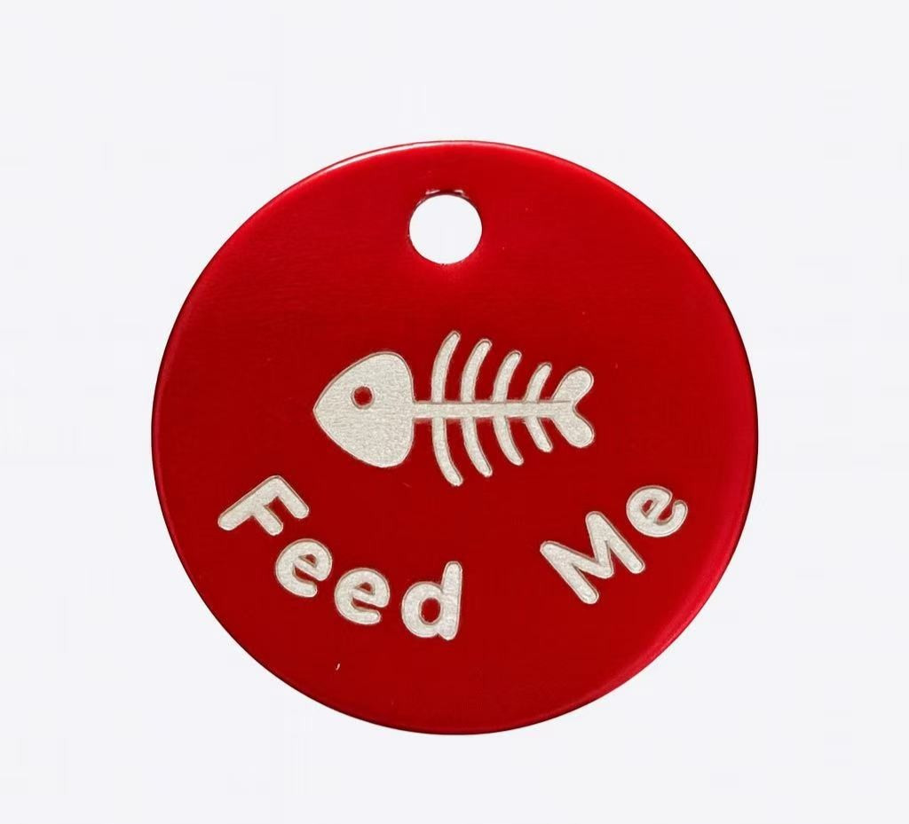 Cat ID Tag, Custom Engraved Personalized Pet Tags, Round Aluminum Charm 1″ x 1″