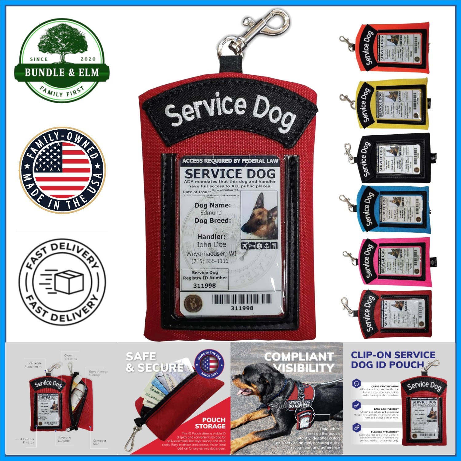 Service Dog ID Card Pouch with Zippered Pocket and Clip-On Design in Red