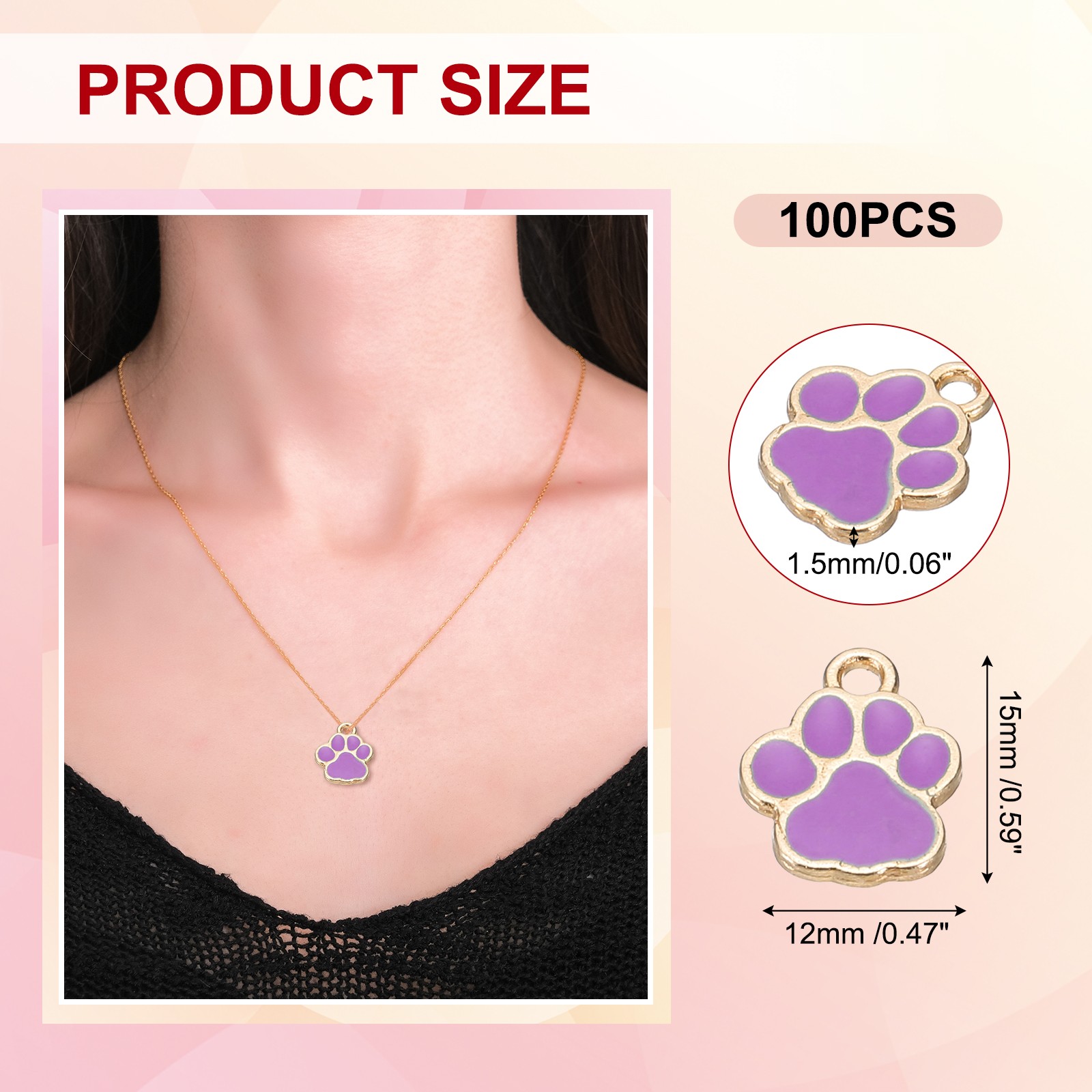 Enamel Paw Print Charm, 100Pcs Alloy Enamel Pendants , Purple/gold