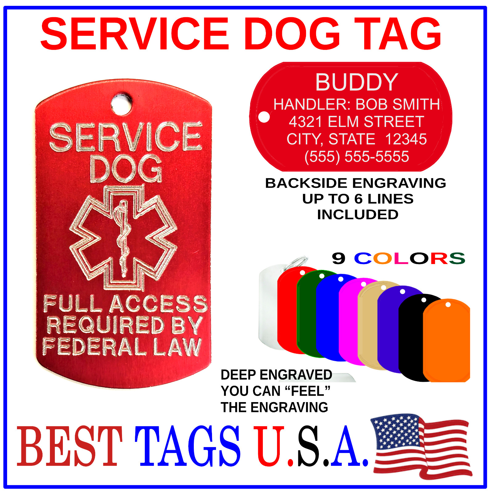 BEST Service Dog Collar Tag Personalized Engraved USA Made HIGH QUALITY – $4.95