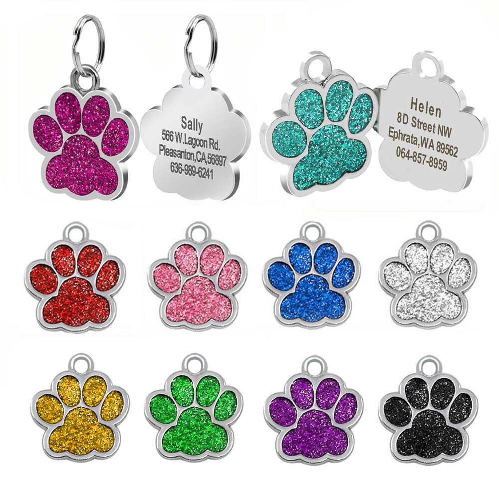 Dog Cat Pet Tag ID Collar Tags Personalized Engraved 24mm Glitter Paw Print Tag