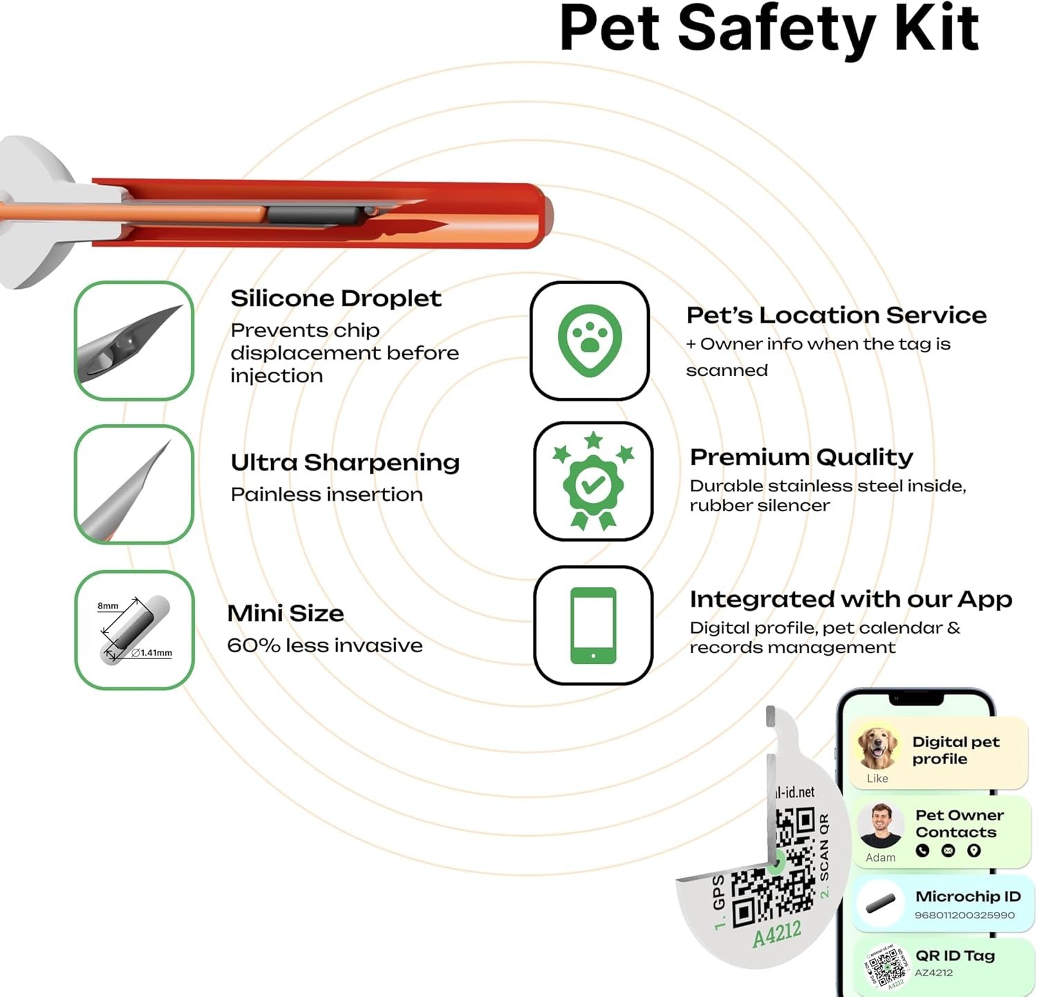 Mini Microchip Kit for Dogs, Cats & Small Pets | 1.4x8mm | QR-Tag
