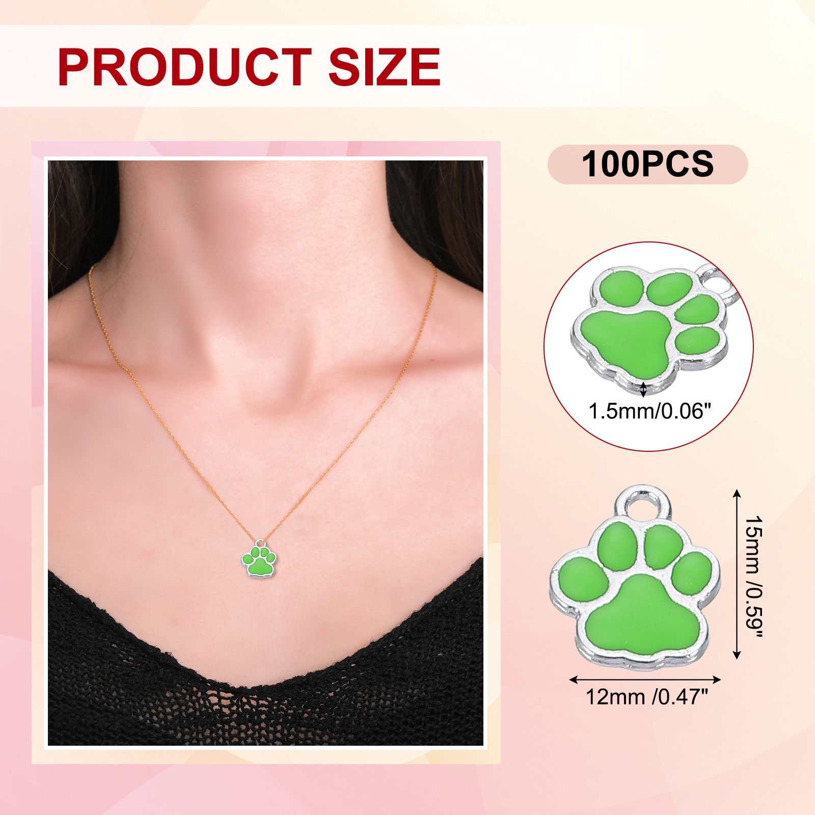 100 Pcs Green/Silver Enamel Paw Print Charm Alloy Enamel Pendants