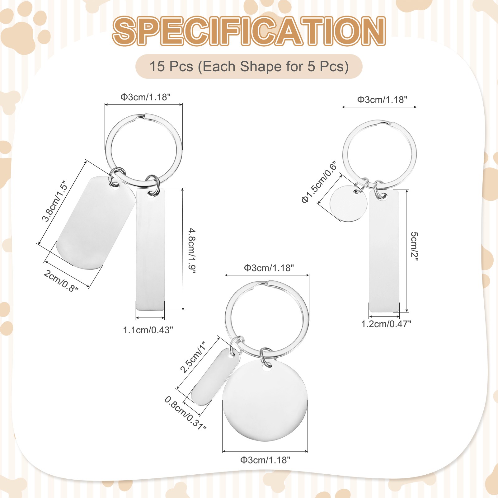 15pcs Metal Keychain Engraving Tags, Silver Shade (3 Styles)