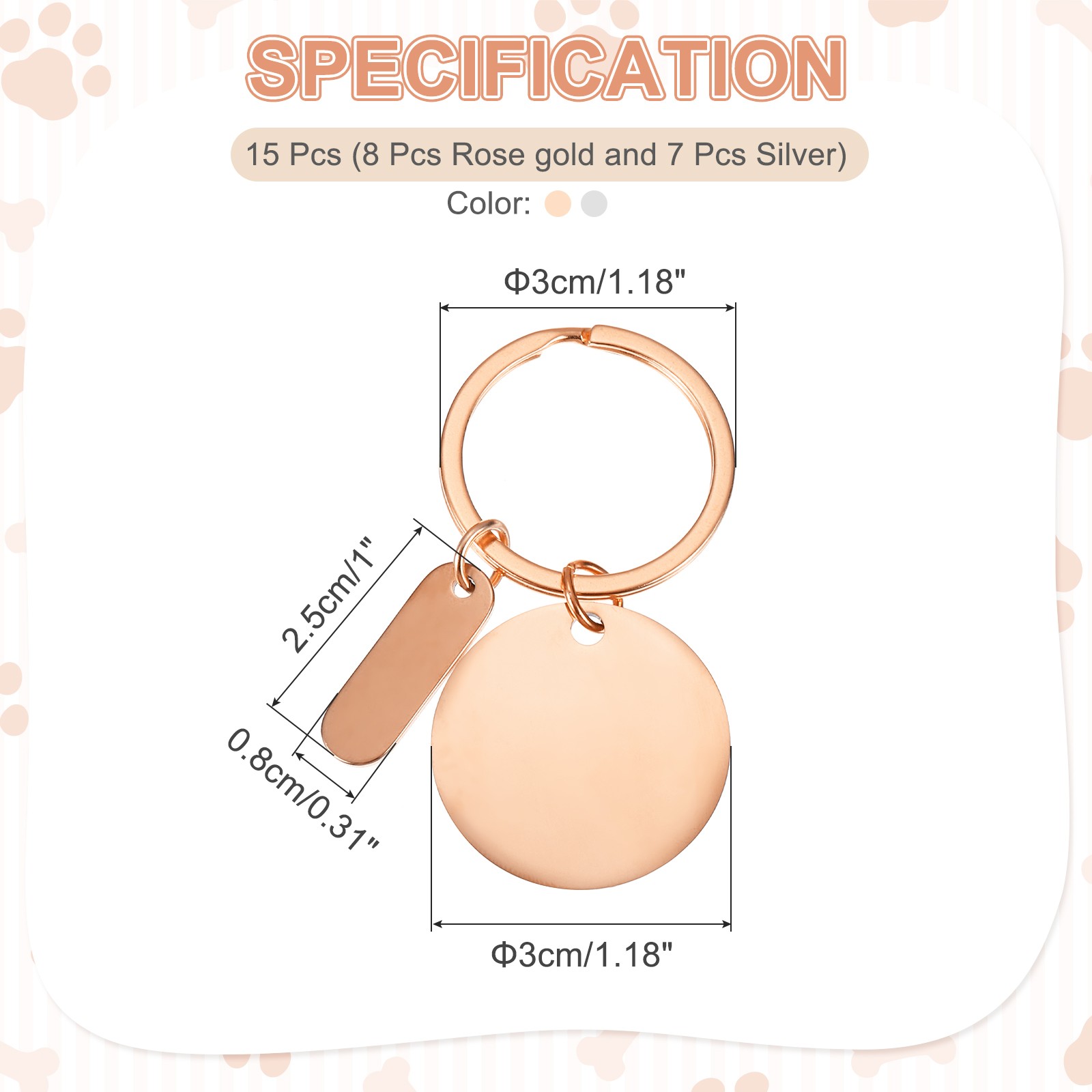 15Pcs Metal Engraving Keychain Blanks, Rose Gold/Silver Tone(Round)