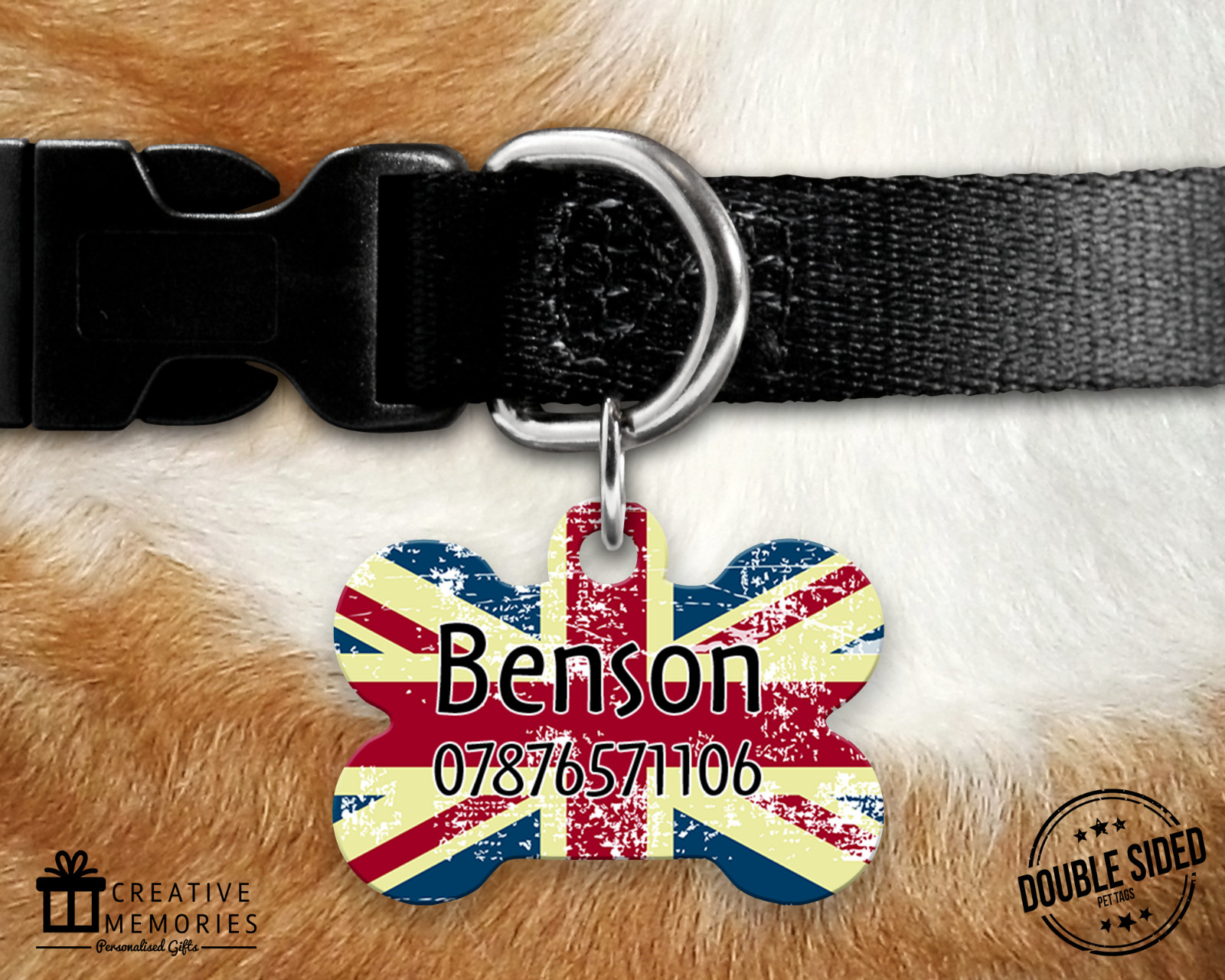 Dog Tag Pet Tag ID Tag – Personalised – Bone Tag – Union Jack Rustic Flag