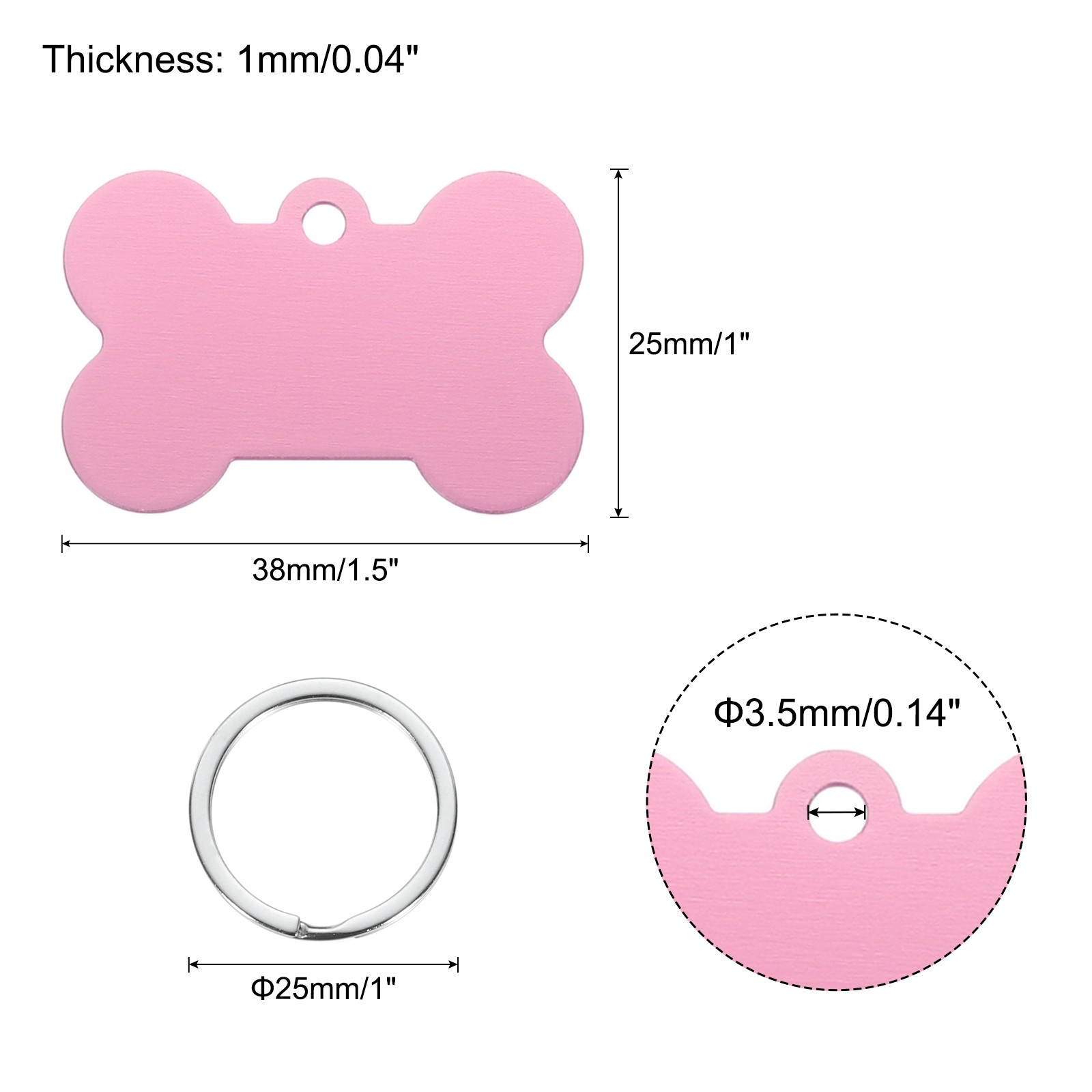 Bone Shaped Dog Tag Pet ID Tags, 1.5″x1″ Metal Pink Blank with Ring, 30pcs
