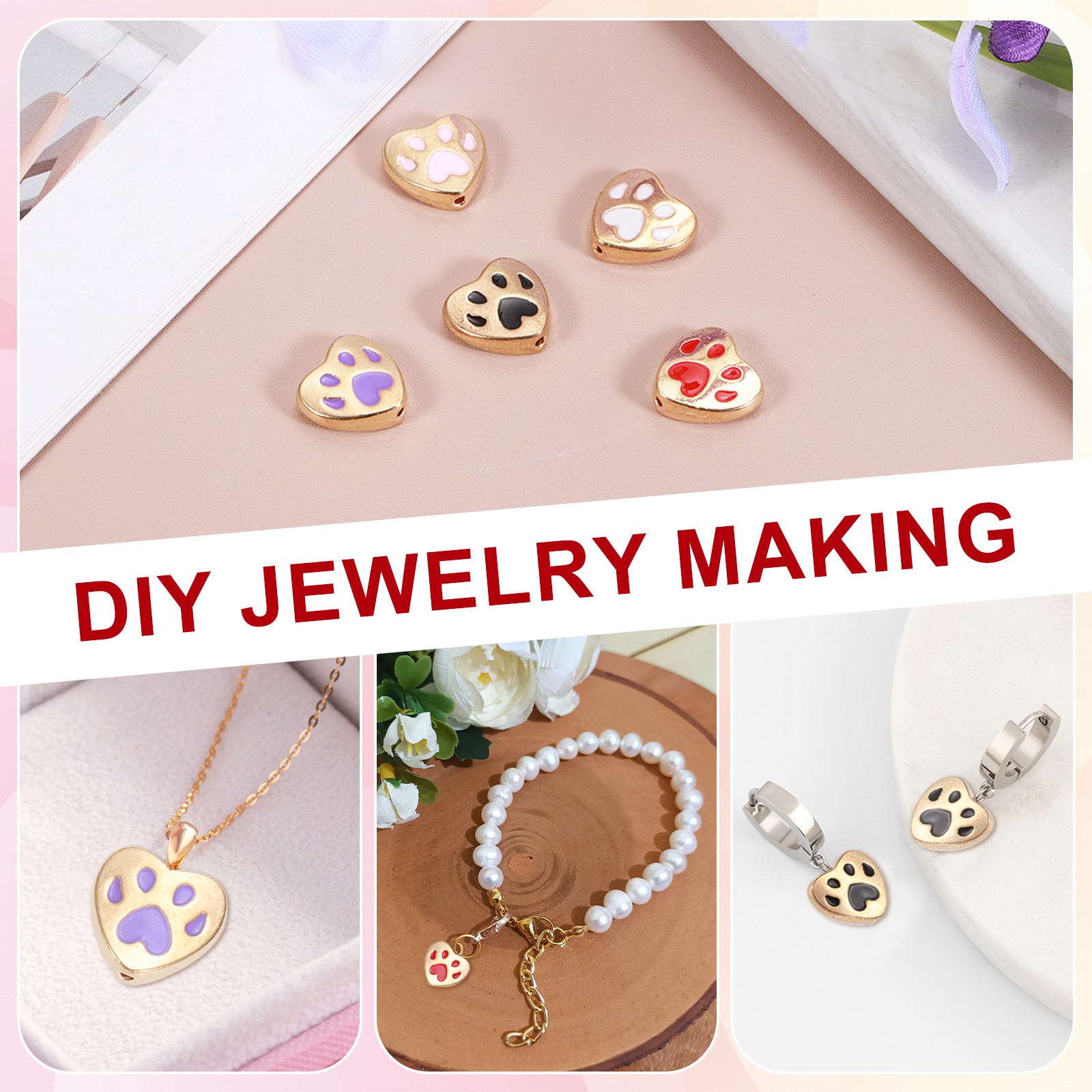 Paw Print Heart Beads, Enamel Alloy Dog Cat Paw Charms Pendant, 50Pcs(Purple)