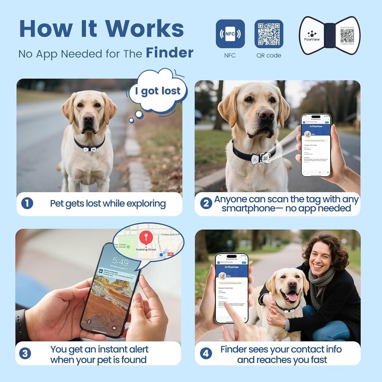Smart Pet ID Tag, QR Code Dog Tag, No Fee, Waterproof Silent Silicone Pet Nam…