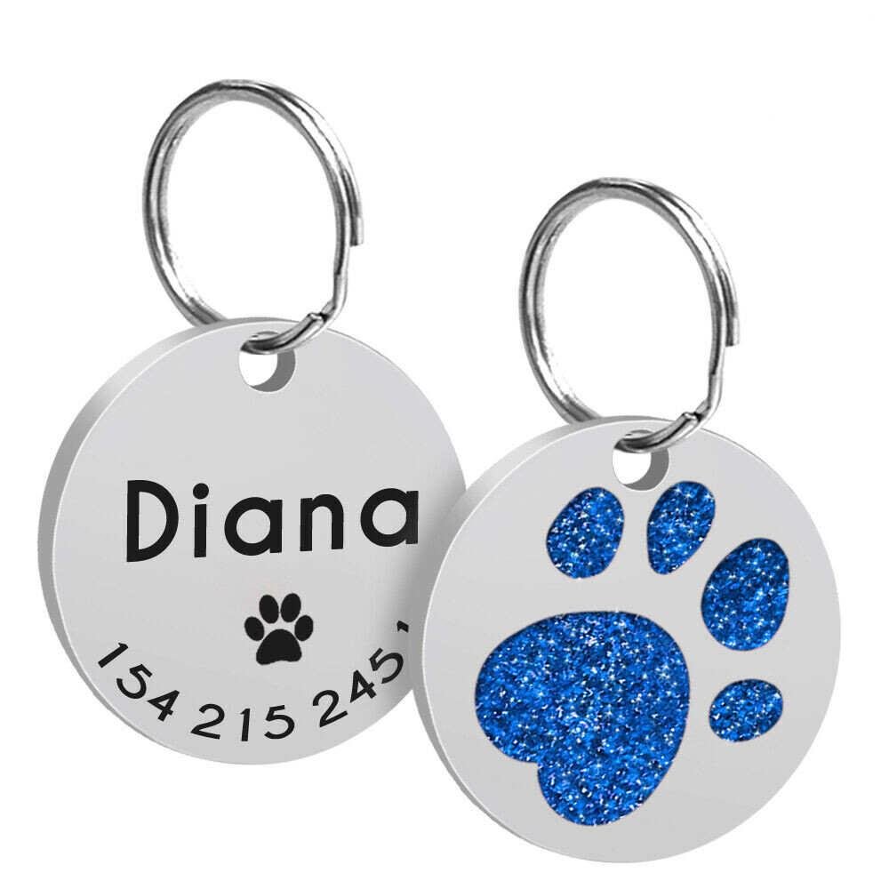 Glitter Paw Dog Tag Bling Rhinestones Personalized Custom Name ID Engraved Cat