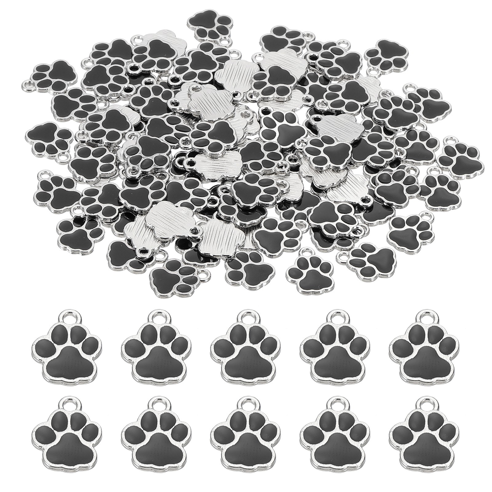 Enamel Paw Print Charm, 100Pcs Alloy Enamel Pendants , Black/silver