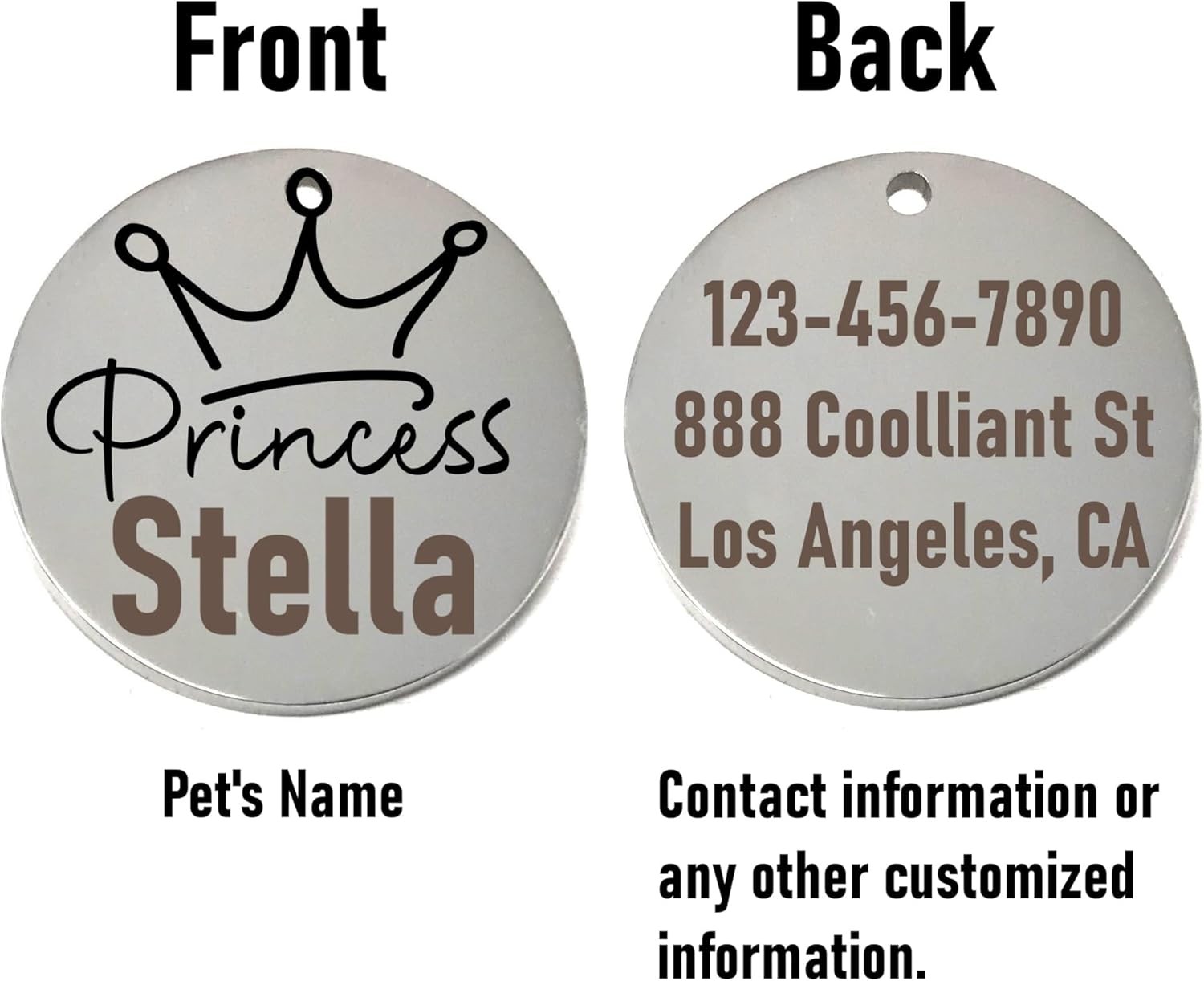 Princess Laser Engraved Pet Name Tags Personalized on Both Sides for Pet Collar