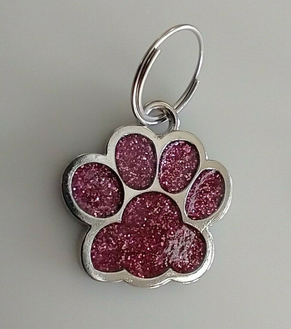 Paw Print Dog Cat Collar Tag Enamel Glitter Pink Blue Red Silver Gold Color
