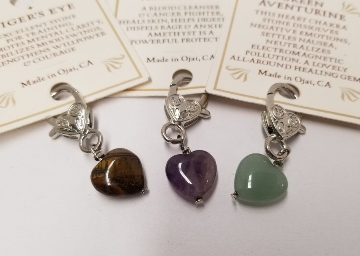 Tiger’s Eye, Amethyst, & Green Aventurine Crystal Heart Pet Collar Charms (3)