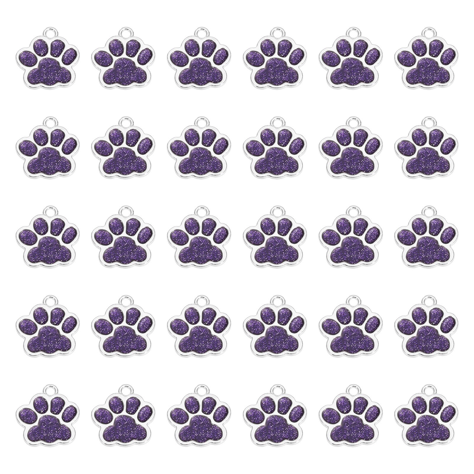 Enamel Paw Print Charms with Glitter Powder, 50Pcs(Silver Tone/Purple)