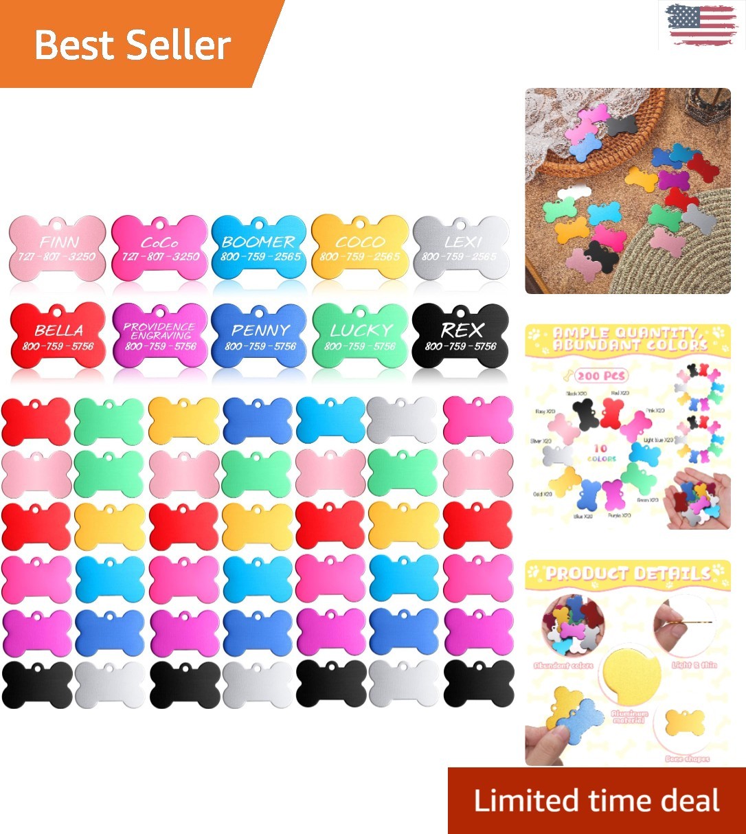 Durable 38mm Bone Shape Pet Tags – 200 Colorful Engraving Pendants for Pets