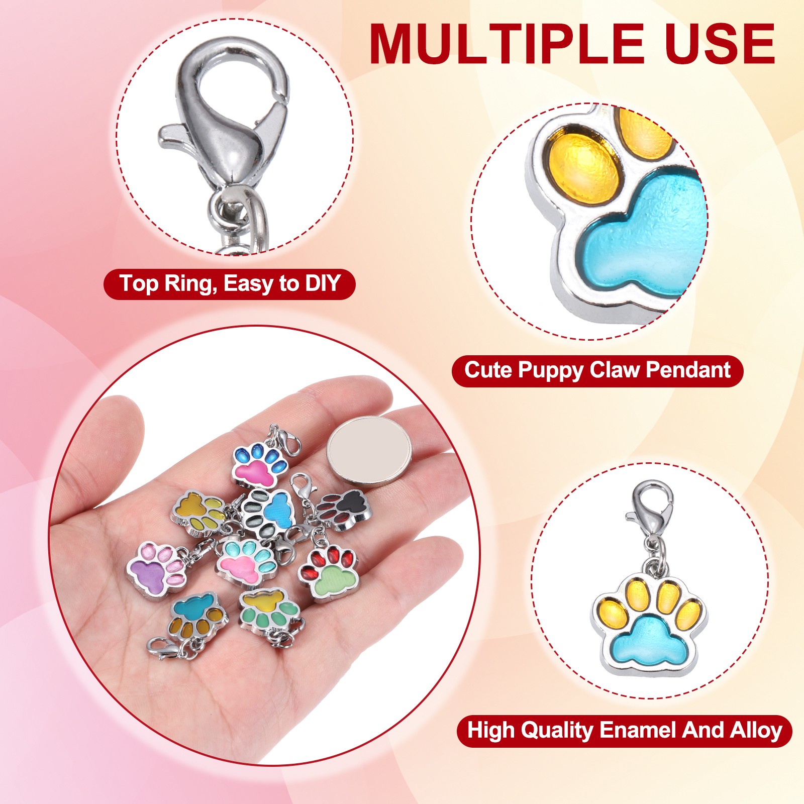 Enamel Paw Print Charm, 15Pcs Alloy Enamel Pendant, Multi-colored