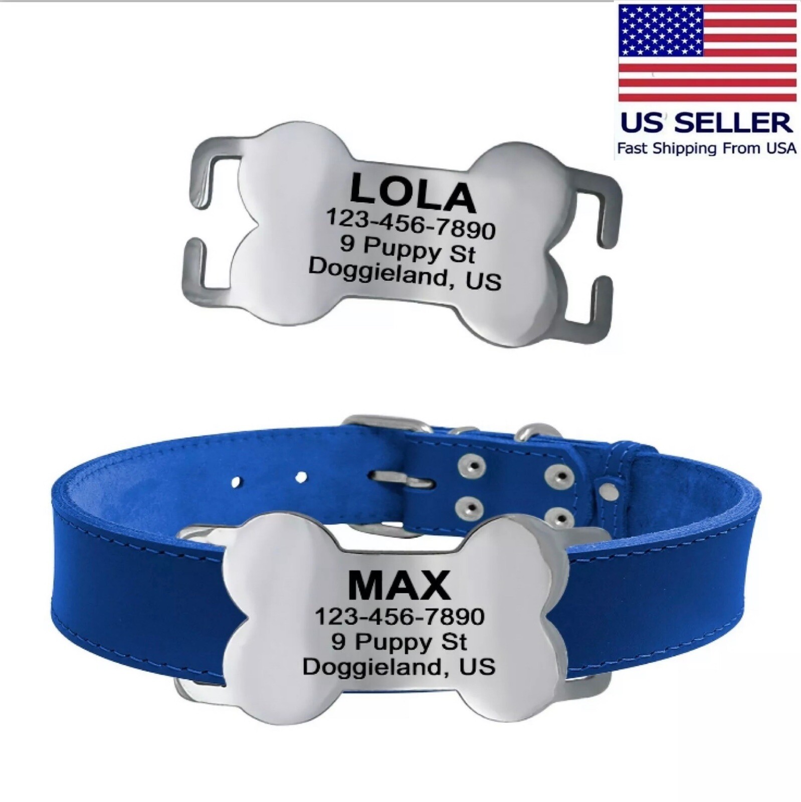 Custom Slide On Bone Dog Tag Silent Pet ID Collars Engraved Stainless Steel Dog