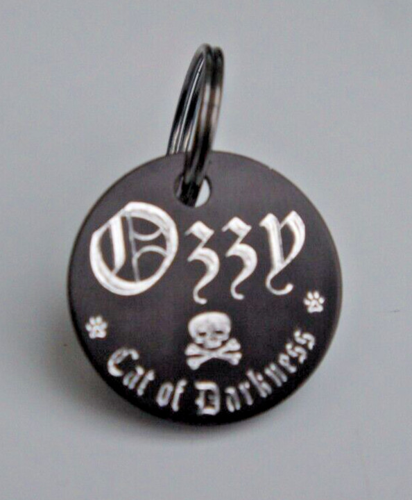 OZZY CAT OF DARKNESS CAT KITTEN PET ID TAG WITH YOUR DETAILS ENGRAVED ON REVERSE