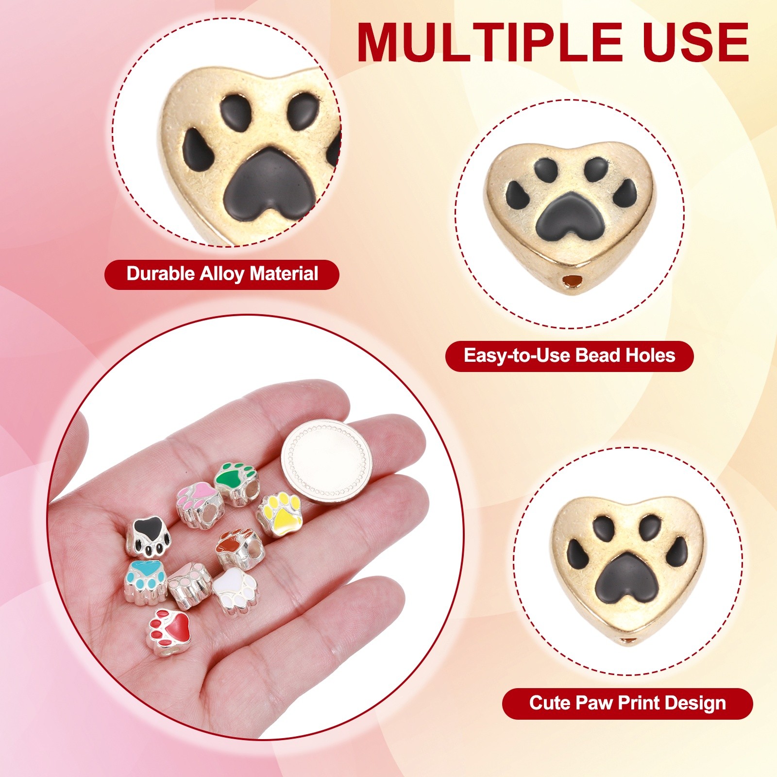 Paw Print Heart Beads, Enamel Alloy Dog Cat Paw Charms Pendant, 50Pcs(Black)