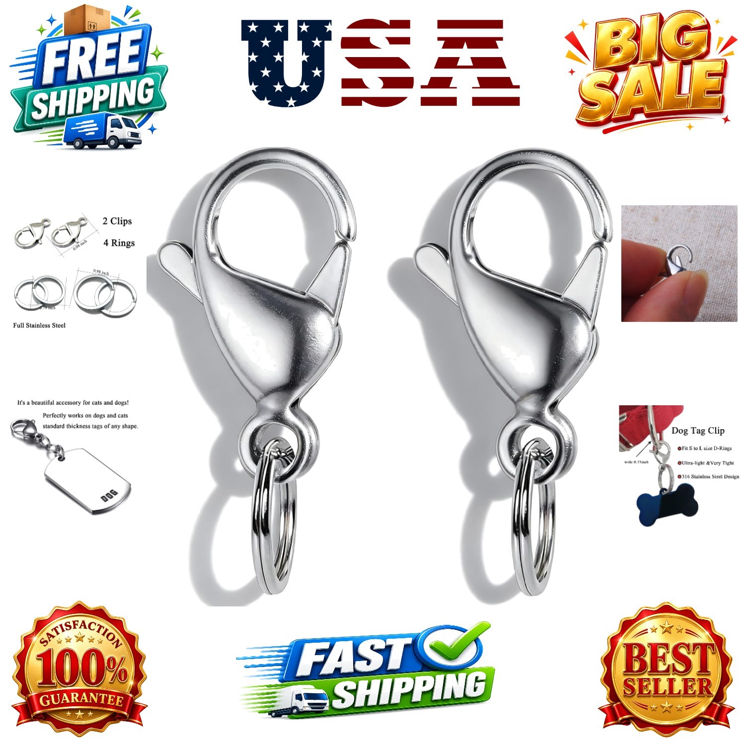IVIA Dog Tag Clips / 316 Stainless Steel Lobster Buckle with Rings for Cat& D…