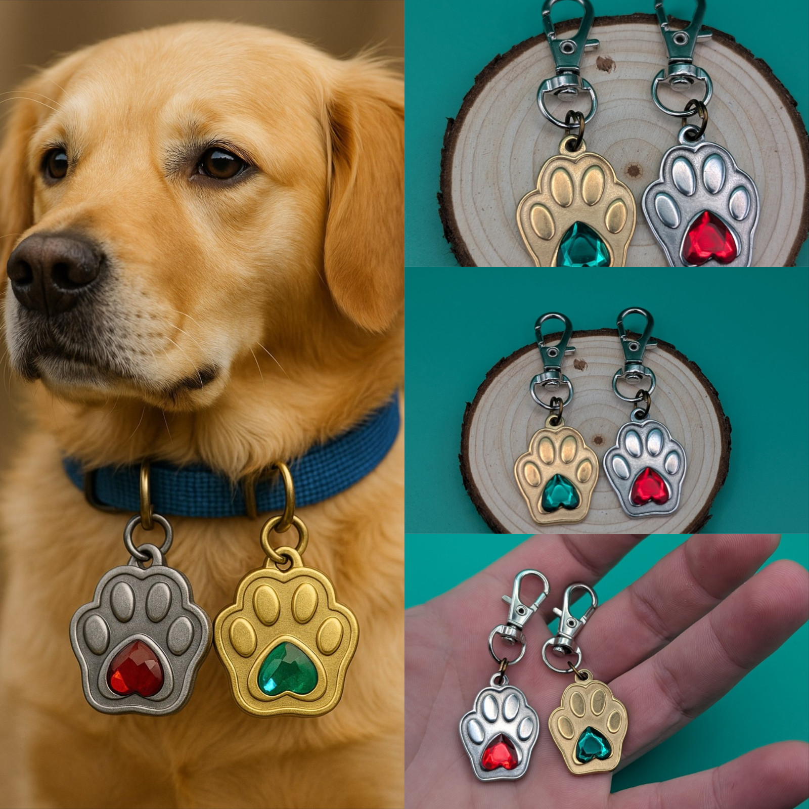 Gold Dog Paw Charm for Collar or Keychain, Custom Dog Tag with Acrylic