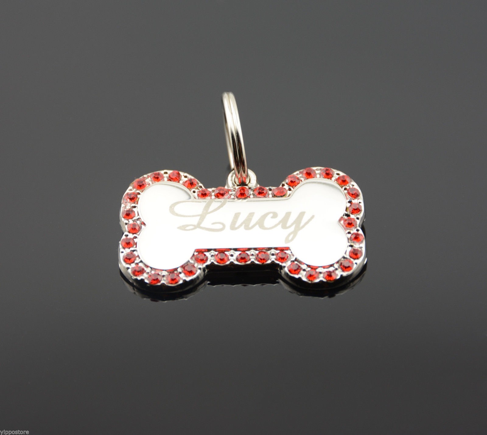 Custom Engraved Personalized Small Bone Shape w/Red CZ Metal Dog Tag Pet ID Name