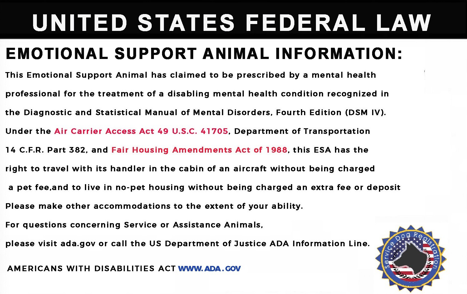 Pink Emotional Support/Service Dog Card ID Holographic Charity ADA ESA Barcode